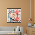 3D Floral Wall Art – Layered Beige and Coral Paper Flowers with Botanical Accents in Black Frame