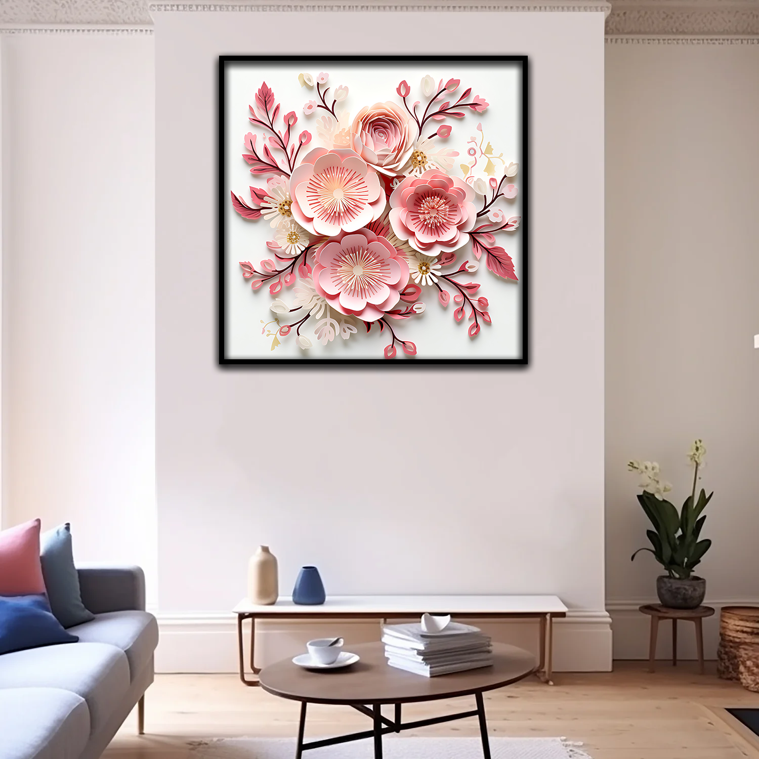 3D Floral Wall Art – Elegant Pink and Blush Paper Flower Arrangement with Dark Rose Accents in Black Frame Secondary image