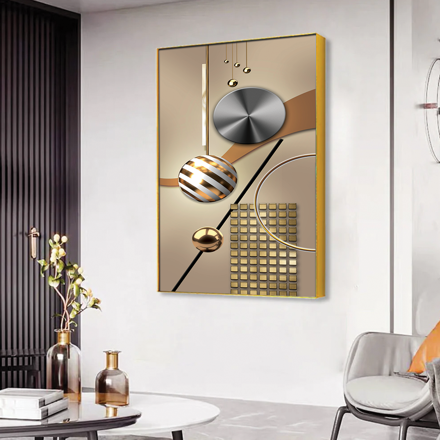 Acrylic Wall Paintings - 3D Geometry Abstract Stereo Art with Golden Background - Modern Fashion Wall Art