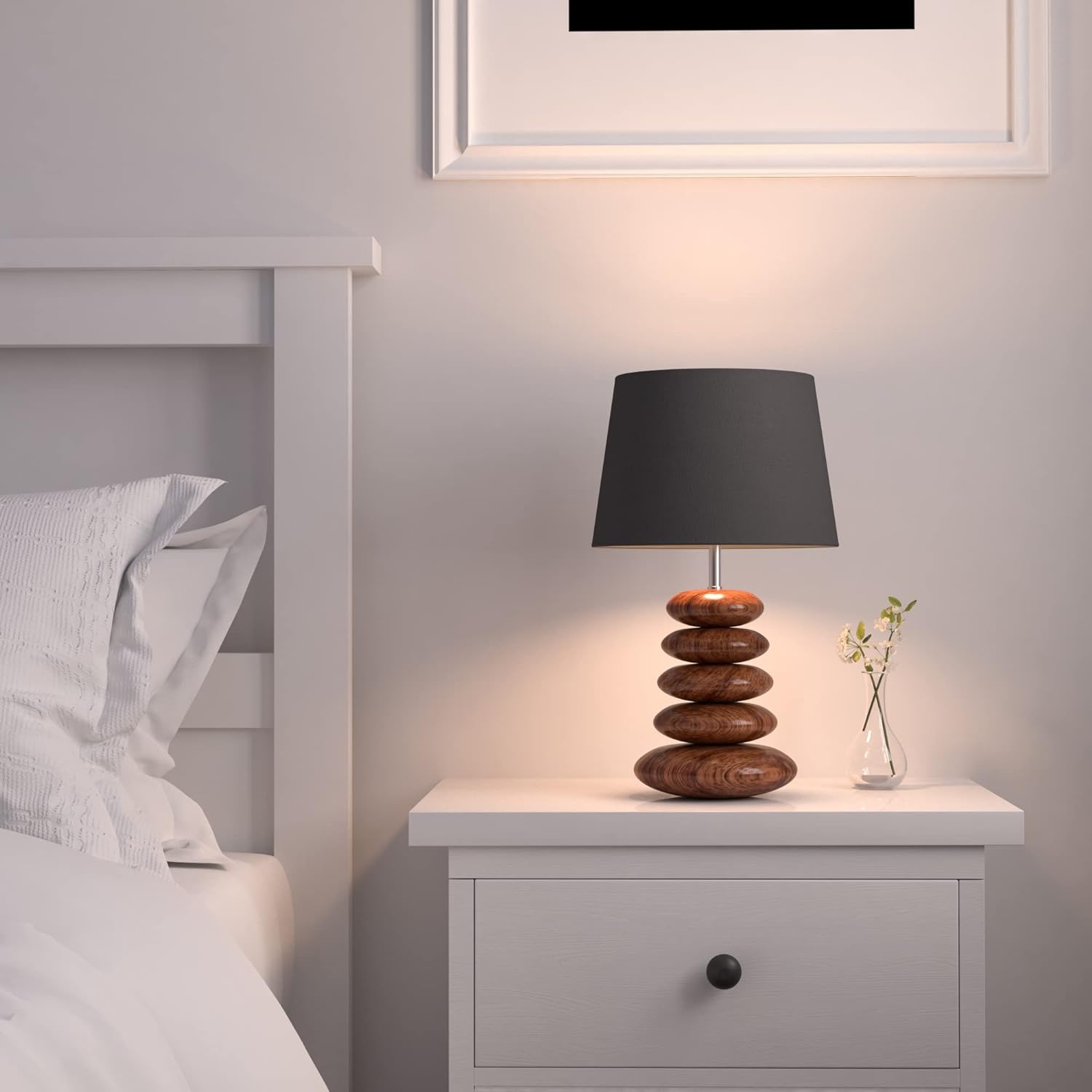 Wooden Pebble Table Lamp 18 Inches Height With 10 Inches Diameter Black Lamp Shade Secondary image