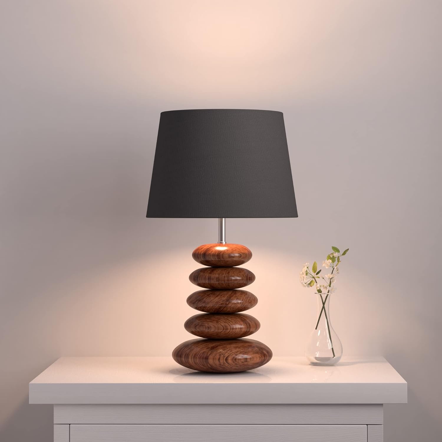Wooden Pebble Table Lamp 18 Inches Height With 10 Inches Diameter Black Lamp Shade