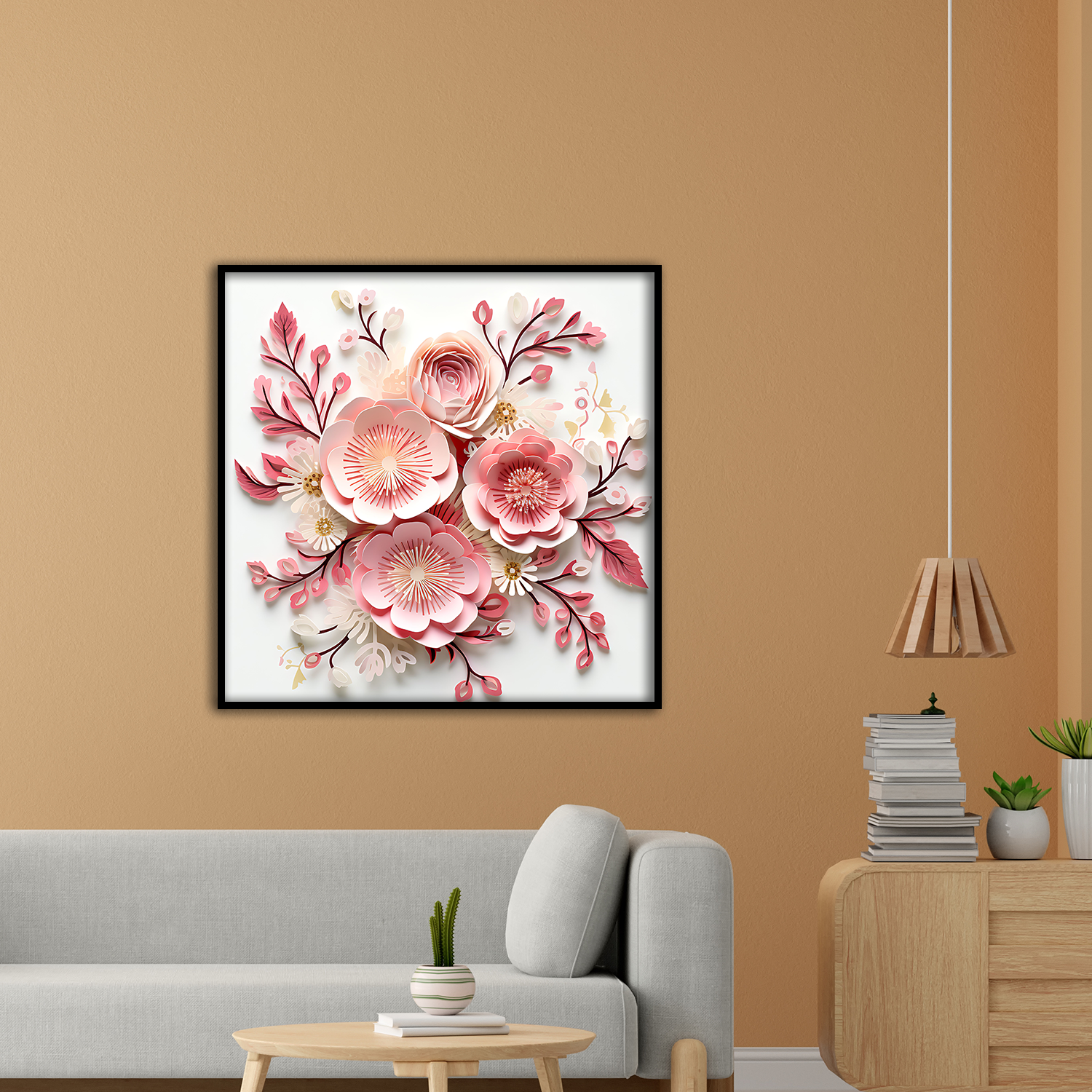 3D Floral Wall Art – Elegant Pink and Blush Paper Flower Arrangement with Dark Rose Accents in Black Frame Main image