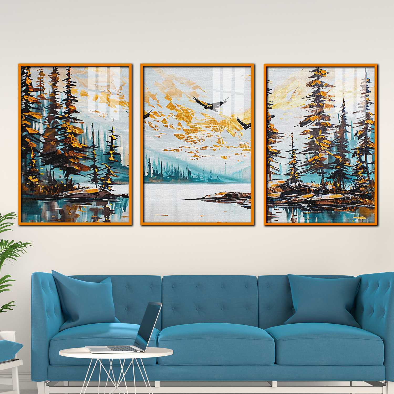 Abstract Mountain Lake Landscape with Pine Trees and Soaring Birds-3-Piece Framed Canvas Acrylic Wall Art Main image