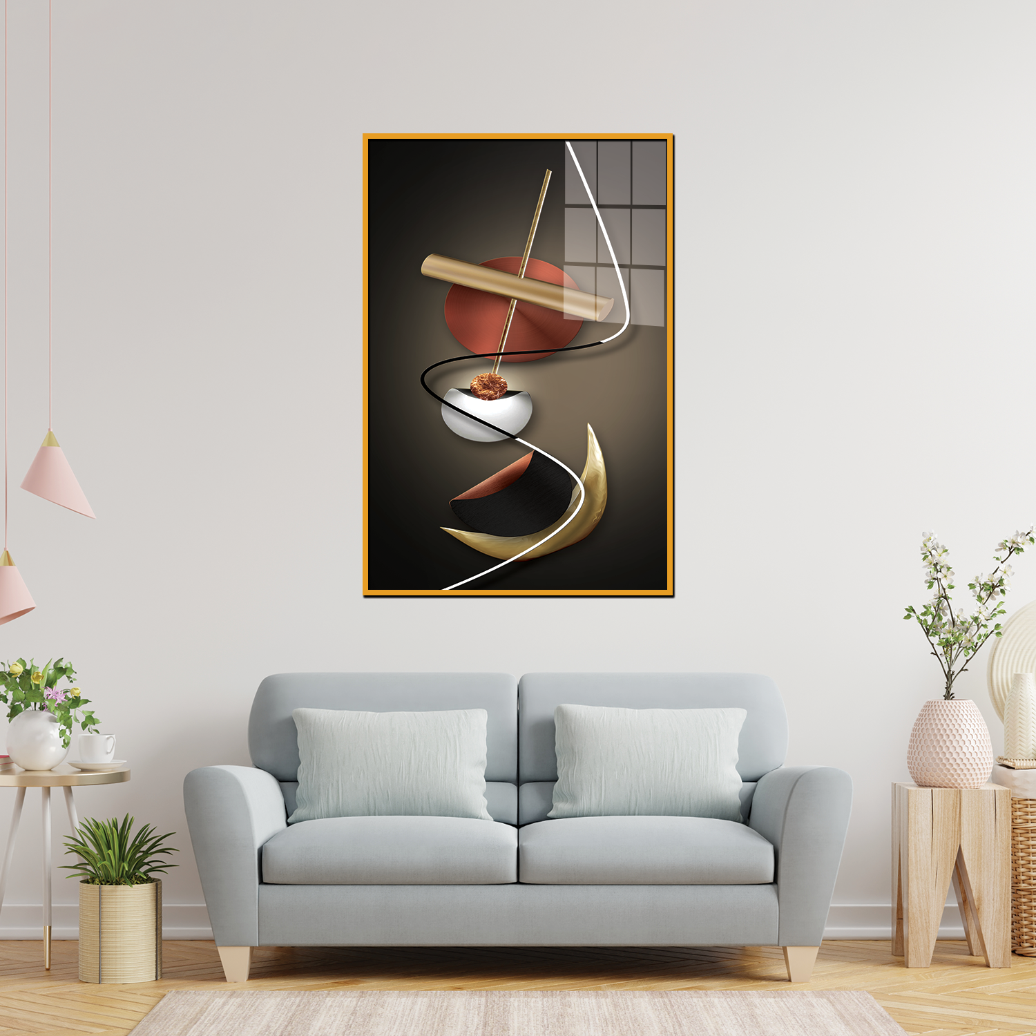 Acrylic Wall Paintings - Jerome Kirk Style 3D Geometry Abstract Stereo Art with Golden Background - Modern Fashion Wall Art Main image