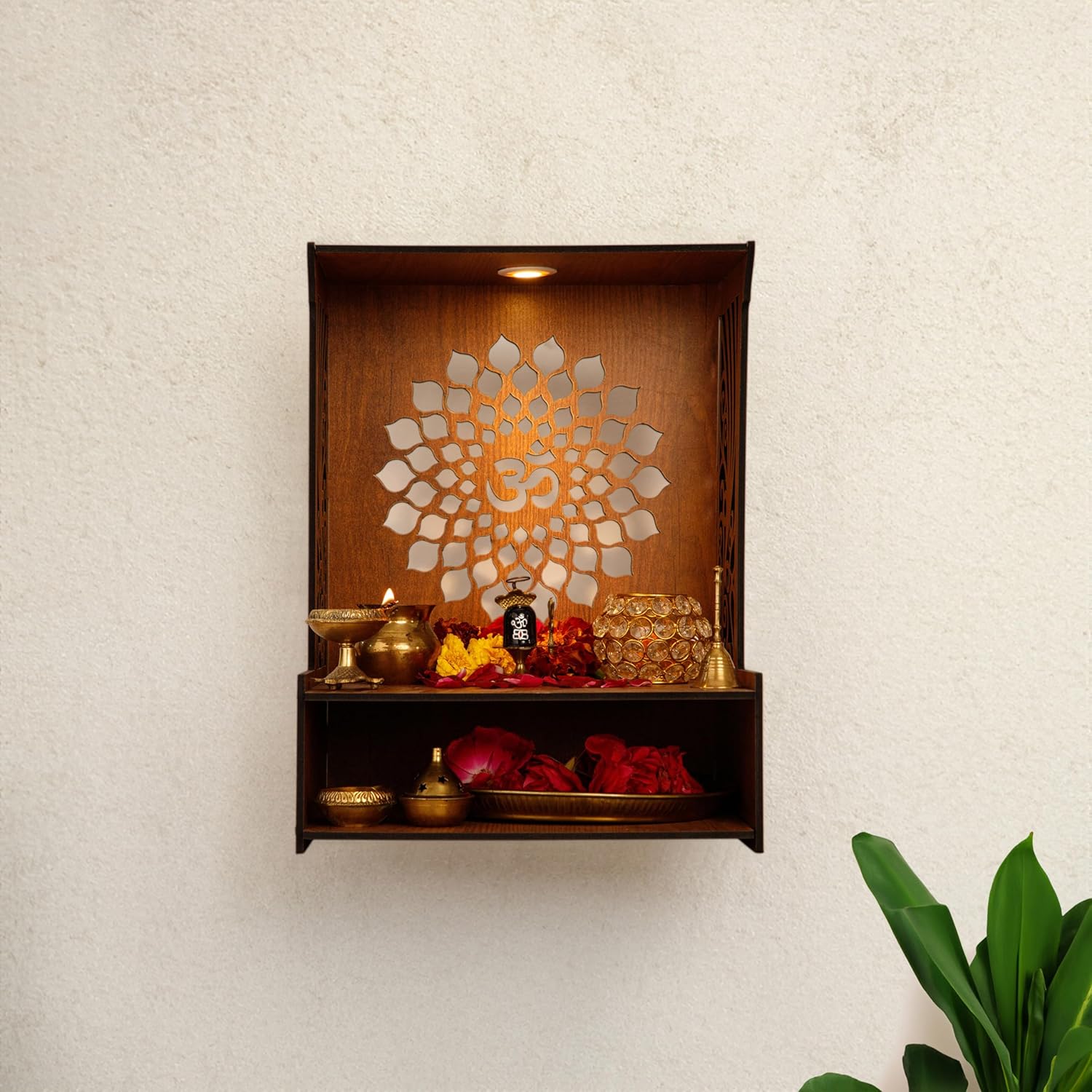 Aesthetic Wooden Temple for Home with Spacious Shelf & Inbuilt Focus Light Main image
