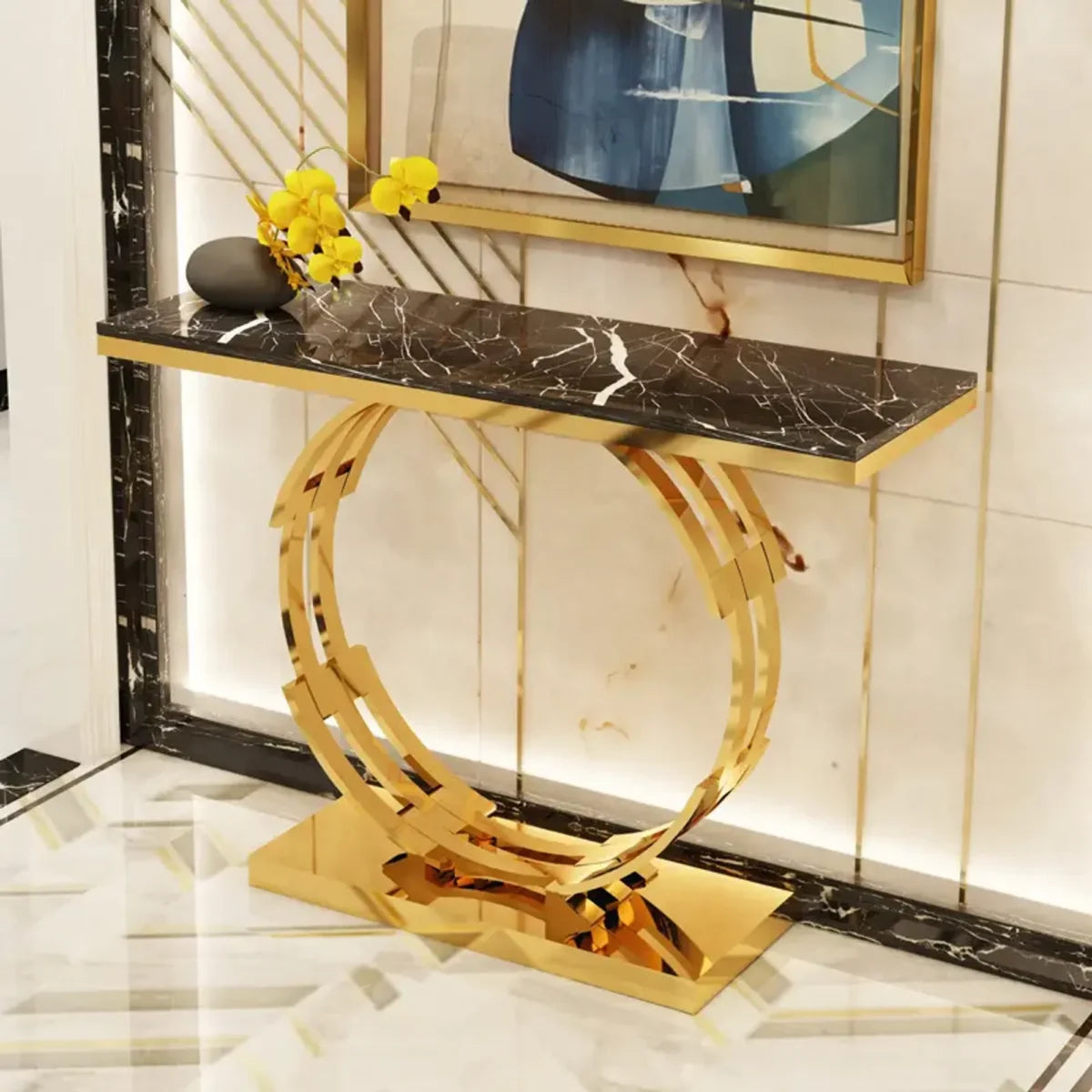 Artistic Golden Ring Metal Base Console Table with Glossy Marble Finish Secondary image