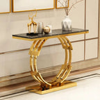Artistic Golden Ring Metal Base Console Table with Glossy Marble Finish