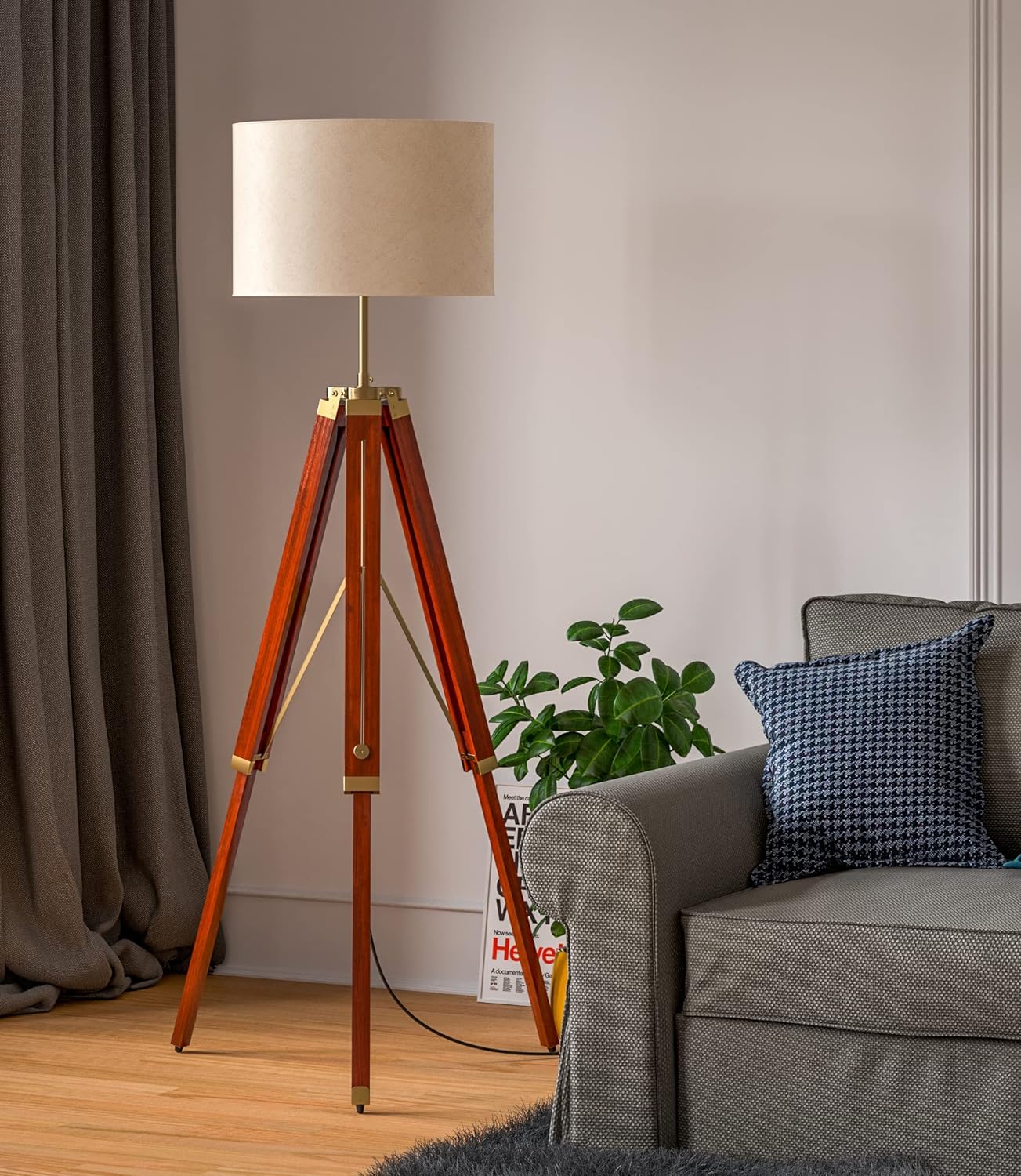 Wooden Tripod Floor Lamp 3 Legs Standing Brown Polished Brass Antique Adjustable 5ft Height with 16 inches Off White Drum Lampshade Secondary image