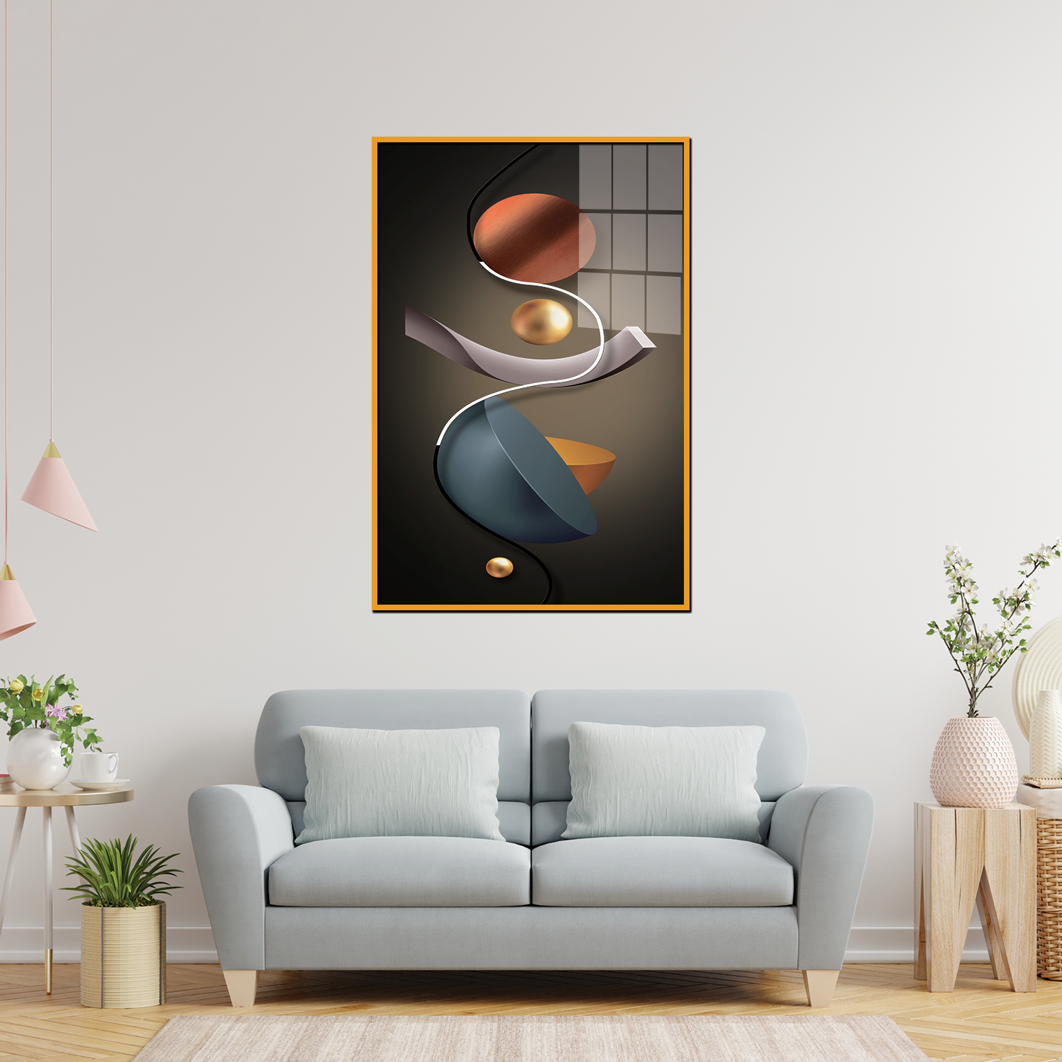 Acrylic Wall Paintings - 3D Geometry Abstract Stereo Art with Golden Background - Lee Broom Eclipse Style