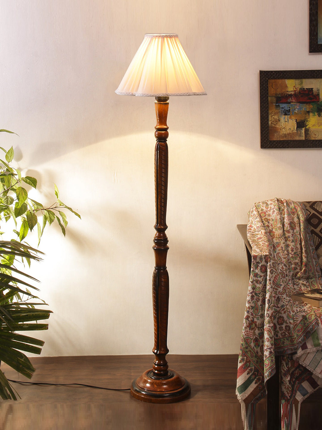 Vintage Cotton Shade Wood Floor Lamp Main image