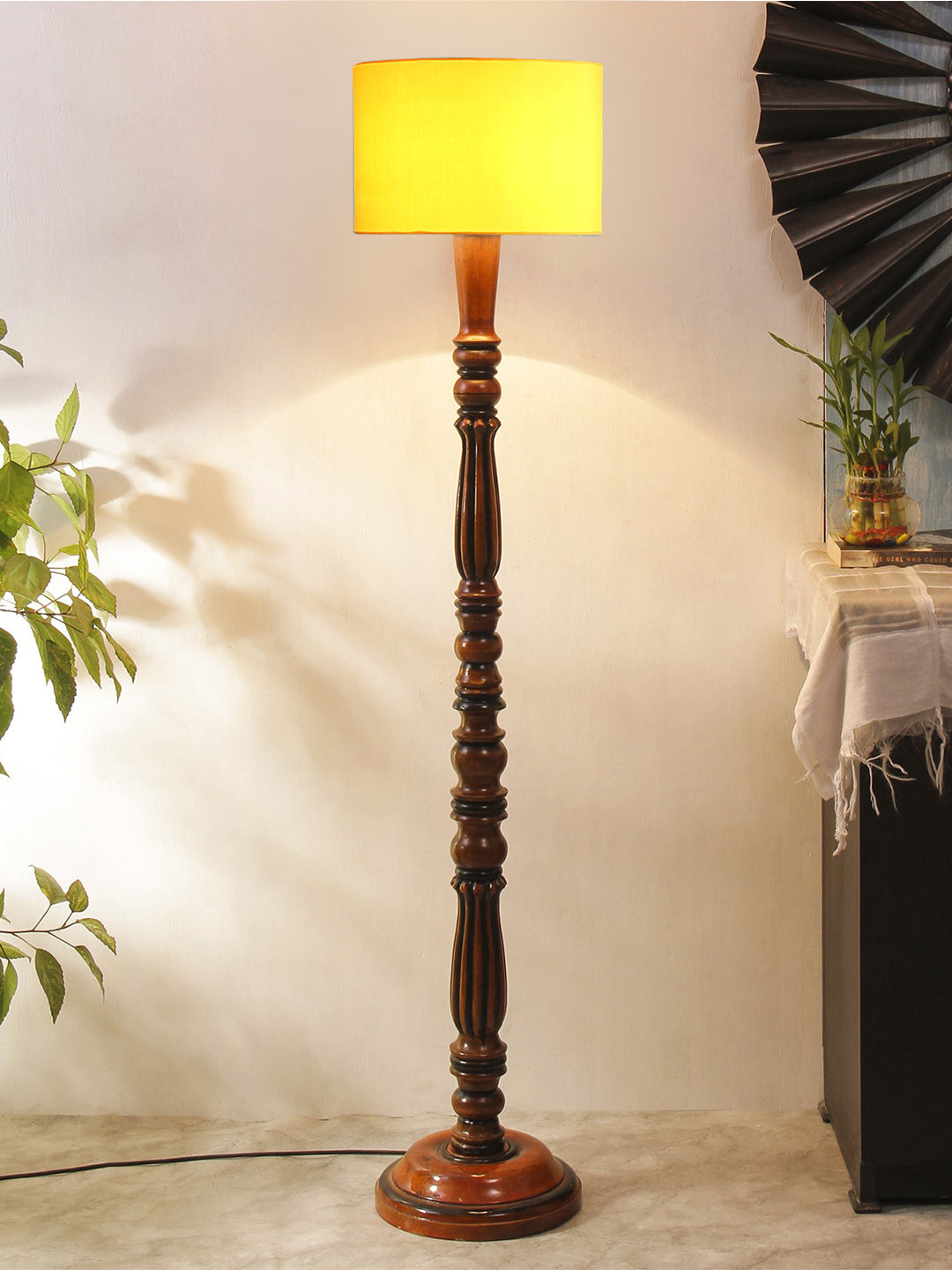 Yellow Cotton Wooden Floor Lamp