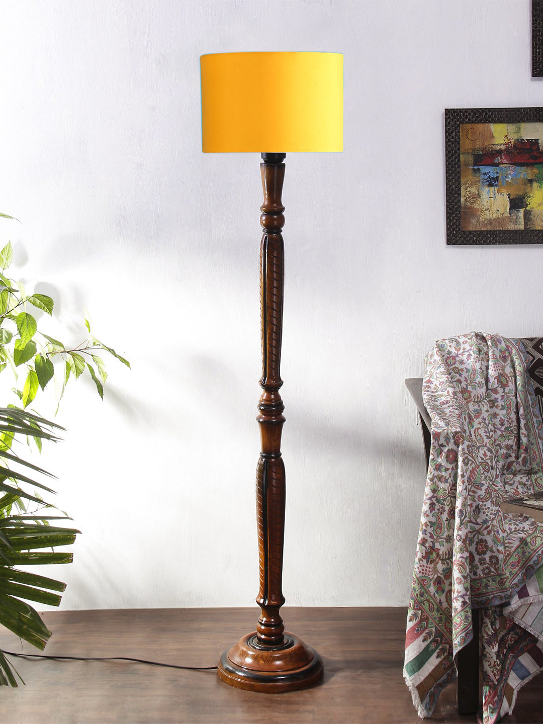 Yellow Cotton Wooden Floor Lamp