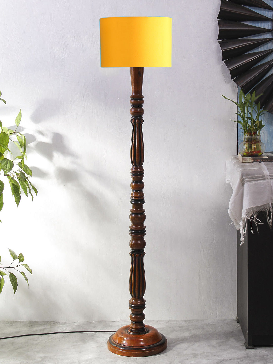 Yellow Cotton Wooden Floor Lamp