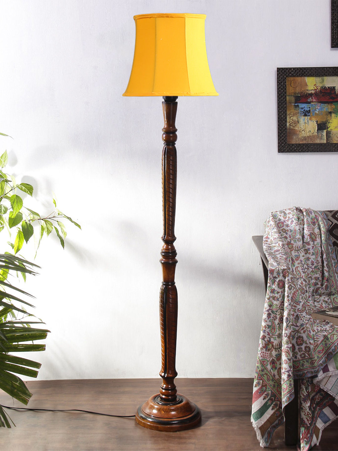 Yellow Cotton Wooden Floor Lamp Secondary image