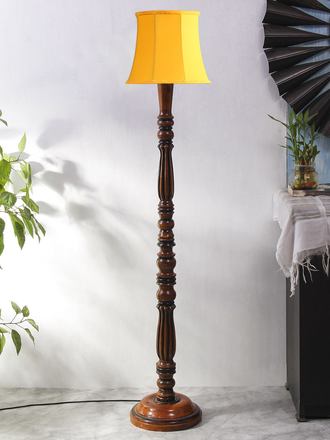Yellow Cotton Wooden Floor Lamp