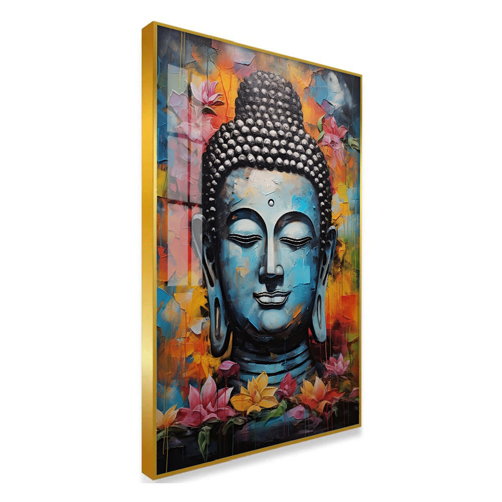 Abstract Buddha Bust Acrylic Wall Paintings with Colorful Lotus Flowers