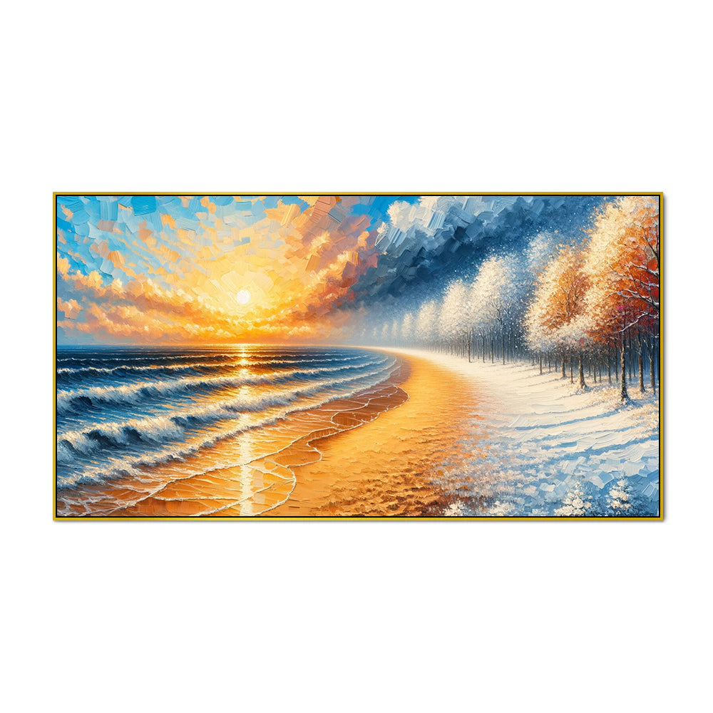 Vibrant Sunset Beach and Snowy Forest Canvas PrintWall Painting