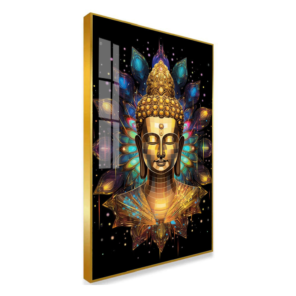 Abstract Golden Buddha Bust Acrylic Wall Paintings with Lotus Aura