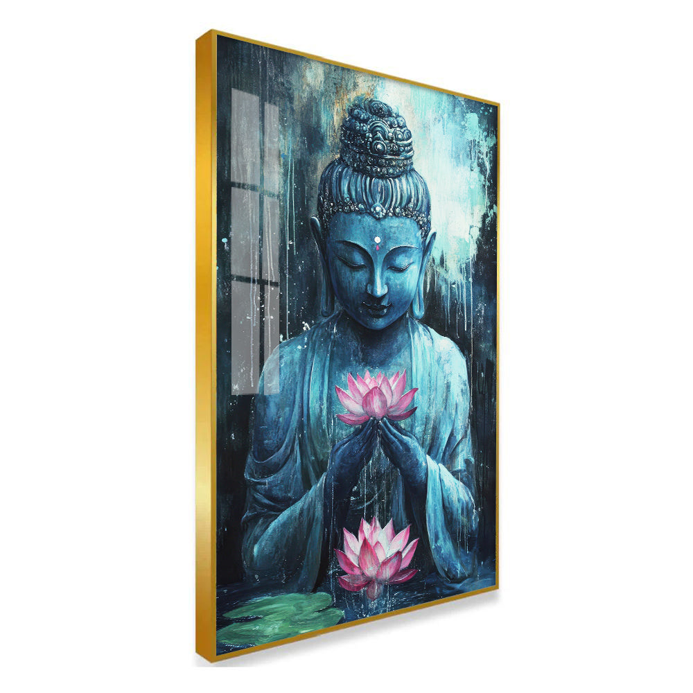 Serene Blue Buddha Holding a Pink Lotus Acrylic Wall Paintings Main image