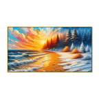 Abstract Golden Sunset Beach with Snowy Forest Canvas Print wall painting