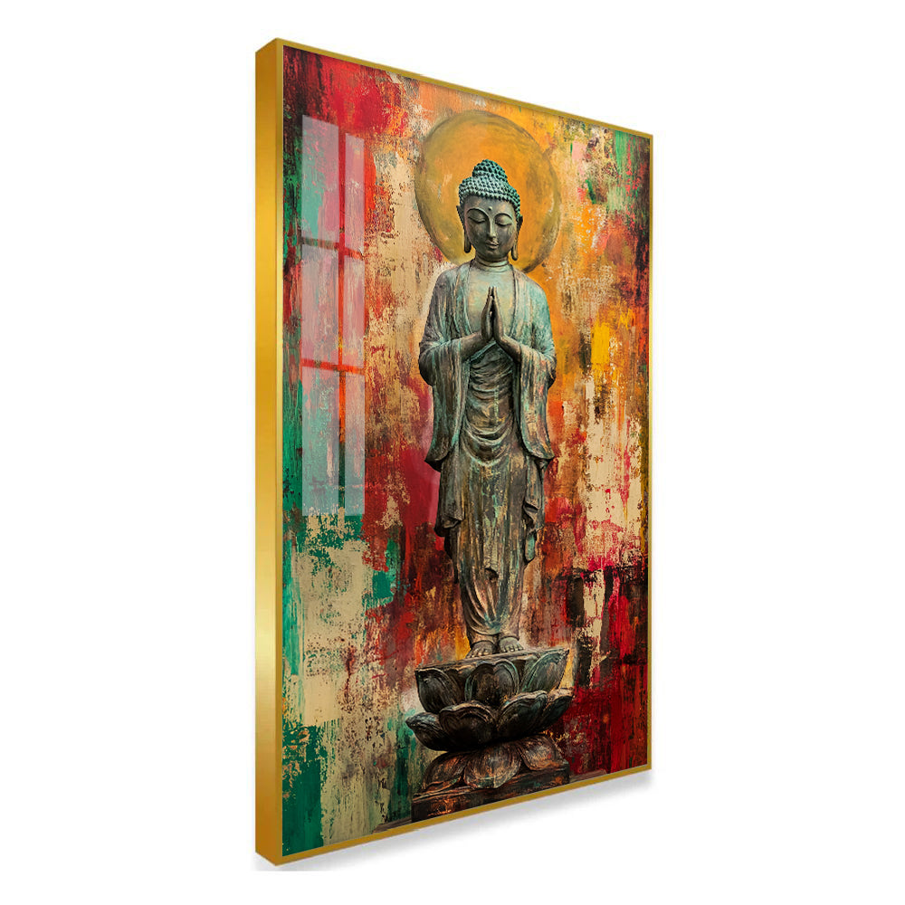 Standing Buddha Acrylic Wall Paintings on Lotus with Abstract Background Secondary image