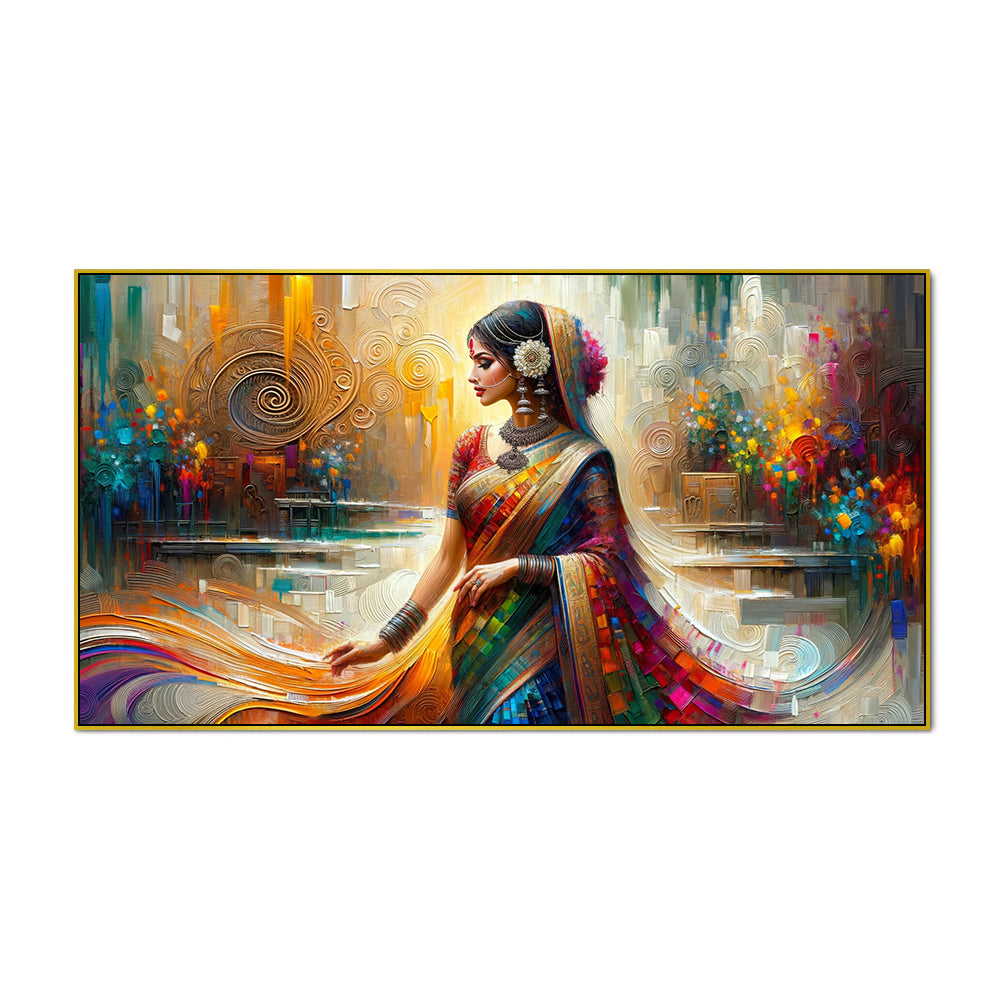 Abstract Beauty: Modern Indian Beauty Woman in Saree Canvas Print Wall Art