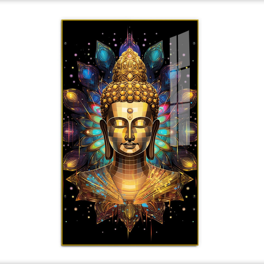 Abstract Golden Buddha Bust Acrylic Wall Paintings with Lotus Aura