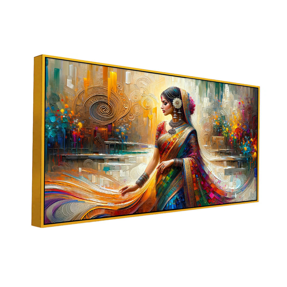 Abstract Beauty: Modern Indian Beauty Woman in Saree Canvas Print Wall Art