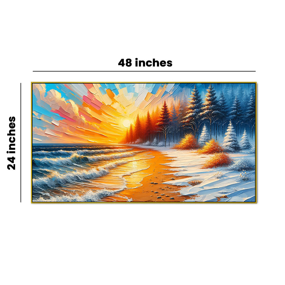 Abstract Golden Sunset Beach with Snowy Forest Canvas Print wall painting