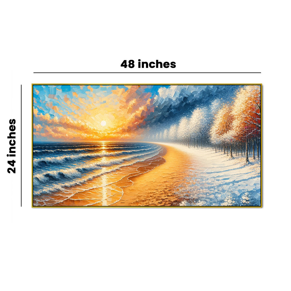 Vibrant Sunset Beach and Snowy Forest Canvas PrintWall Painting