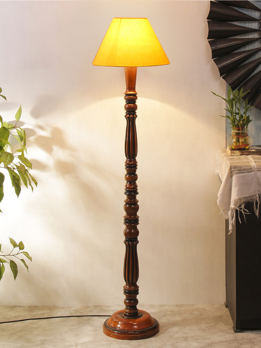 Yellow Cotton Conical Wooden Floor Lamp Main image