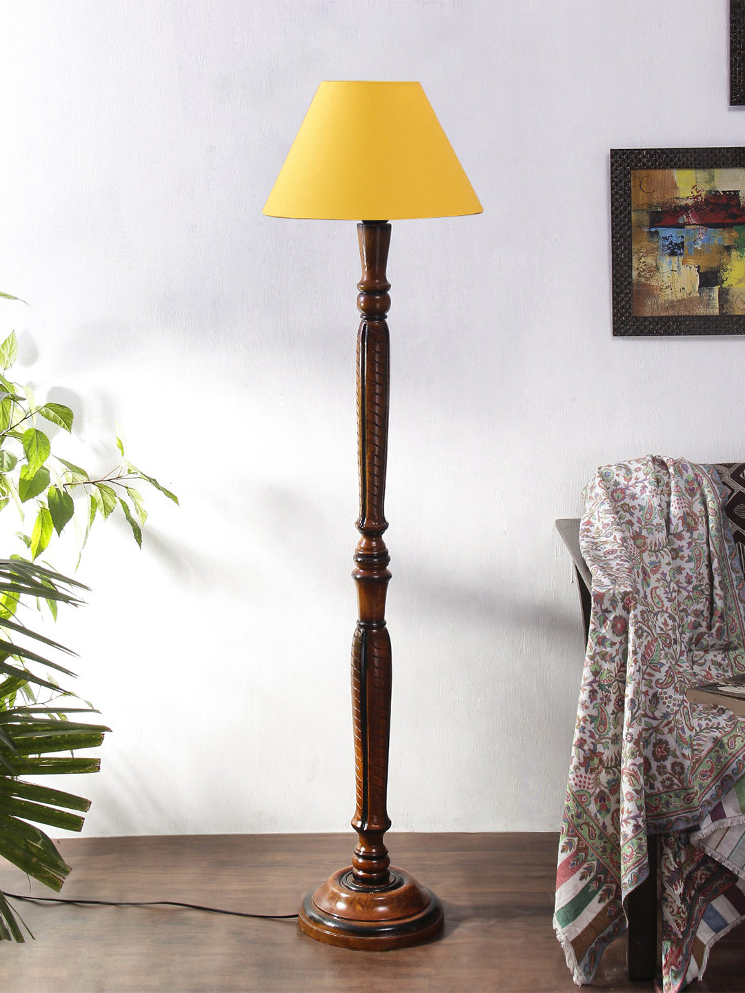 Yellow cotton conical wooden floor lamp Secondary image