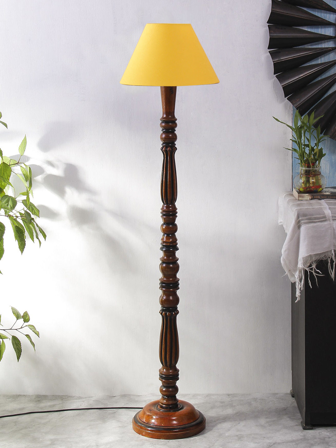 Yellow Cotton Conical Wooden Floor Lamp