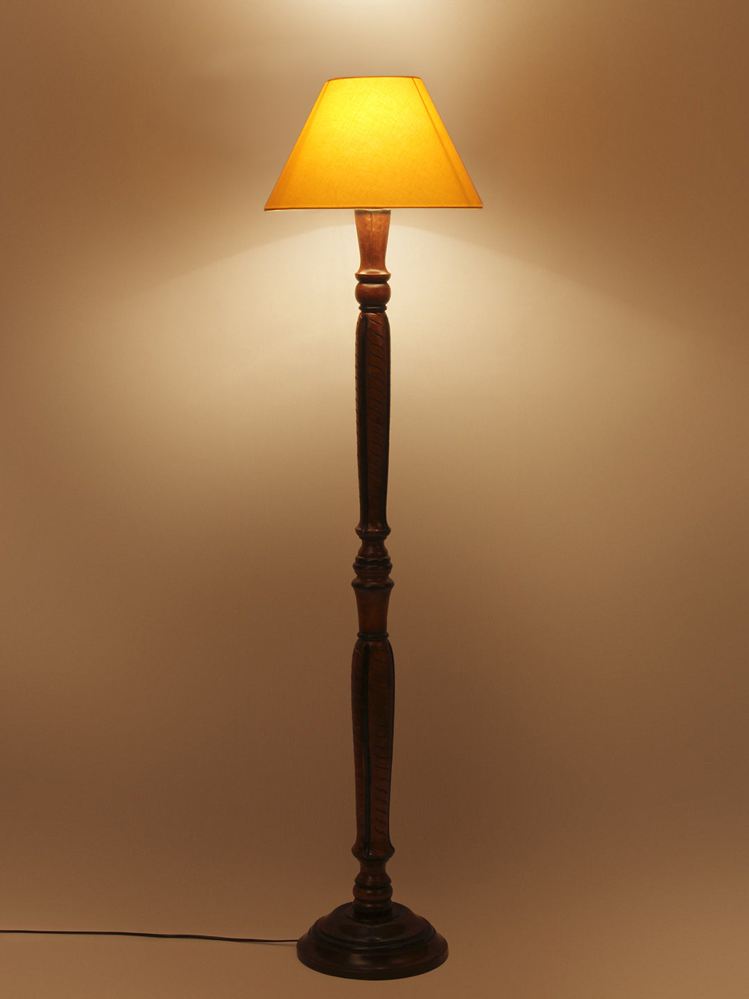 Yellow cotton conical wooden floor lamp