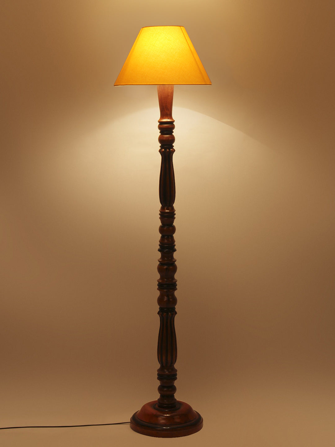 Yellow Cotton Conical Wooden Floor Lamp