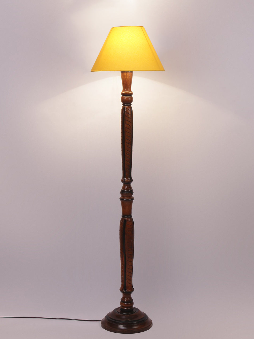 Yellow cotton conical wooden floor lamp