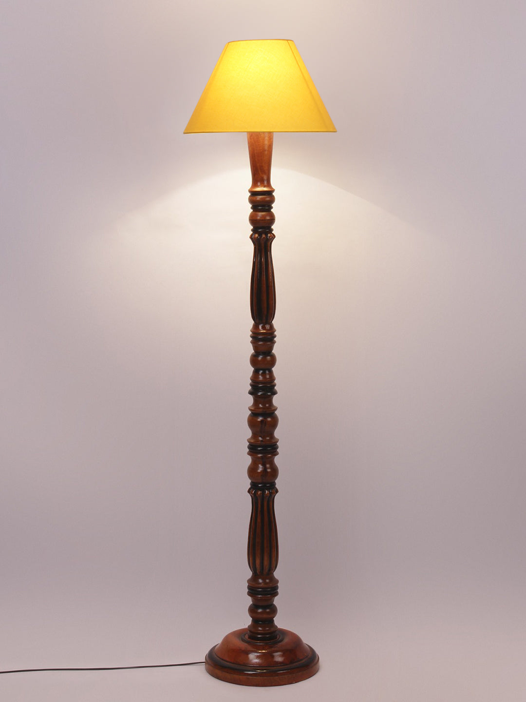 Yellow Cotton Conical Wooden Floor Lamp