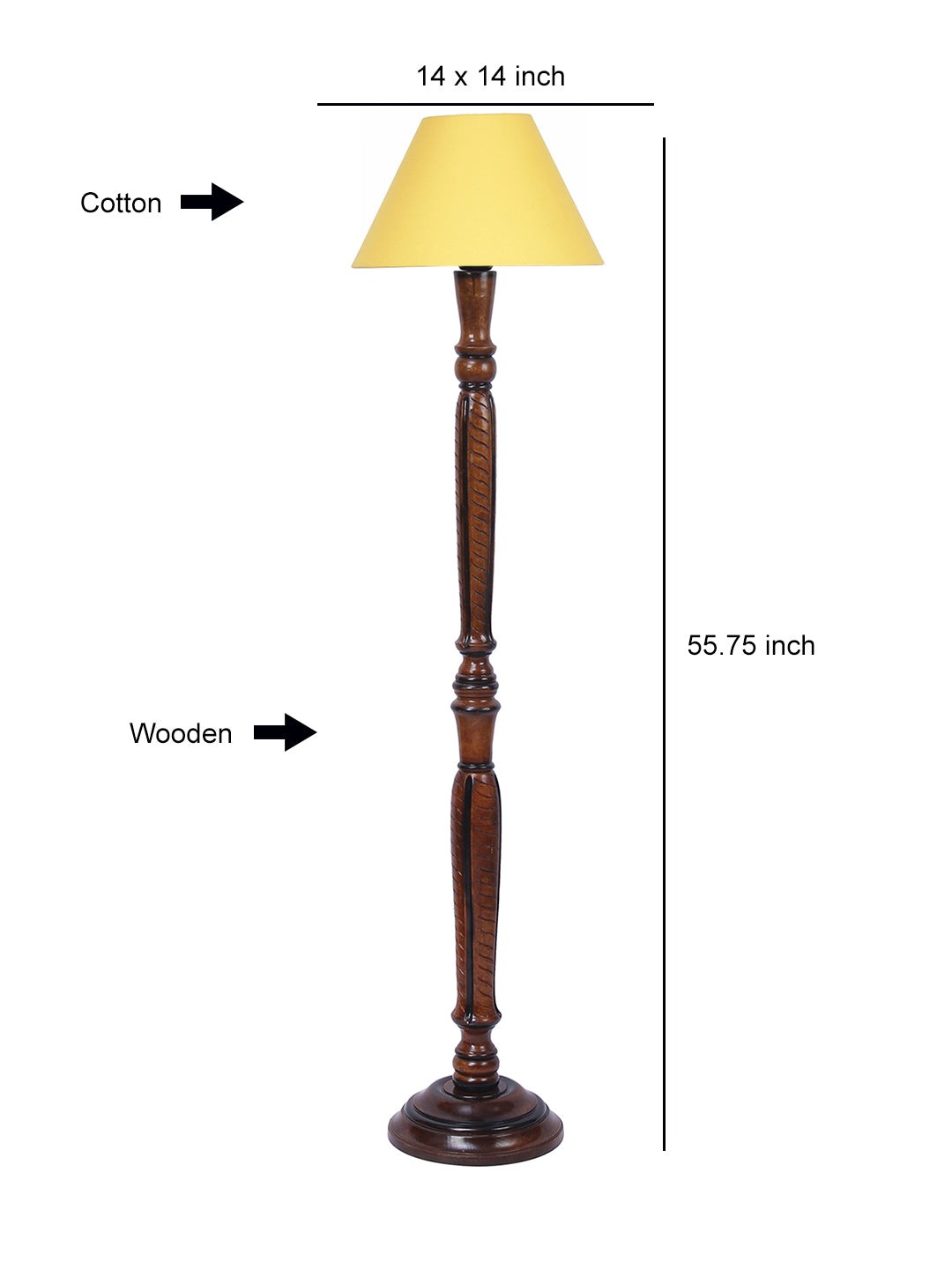 Yellow cotton conical wooden floor lamp