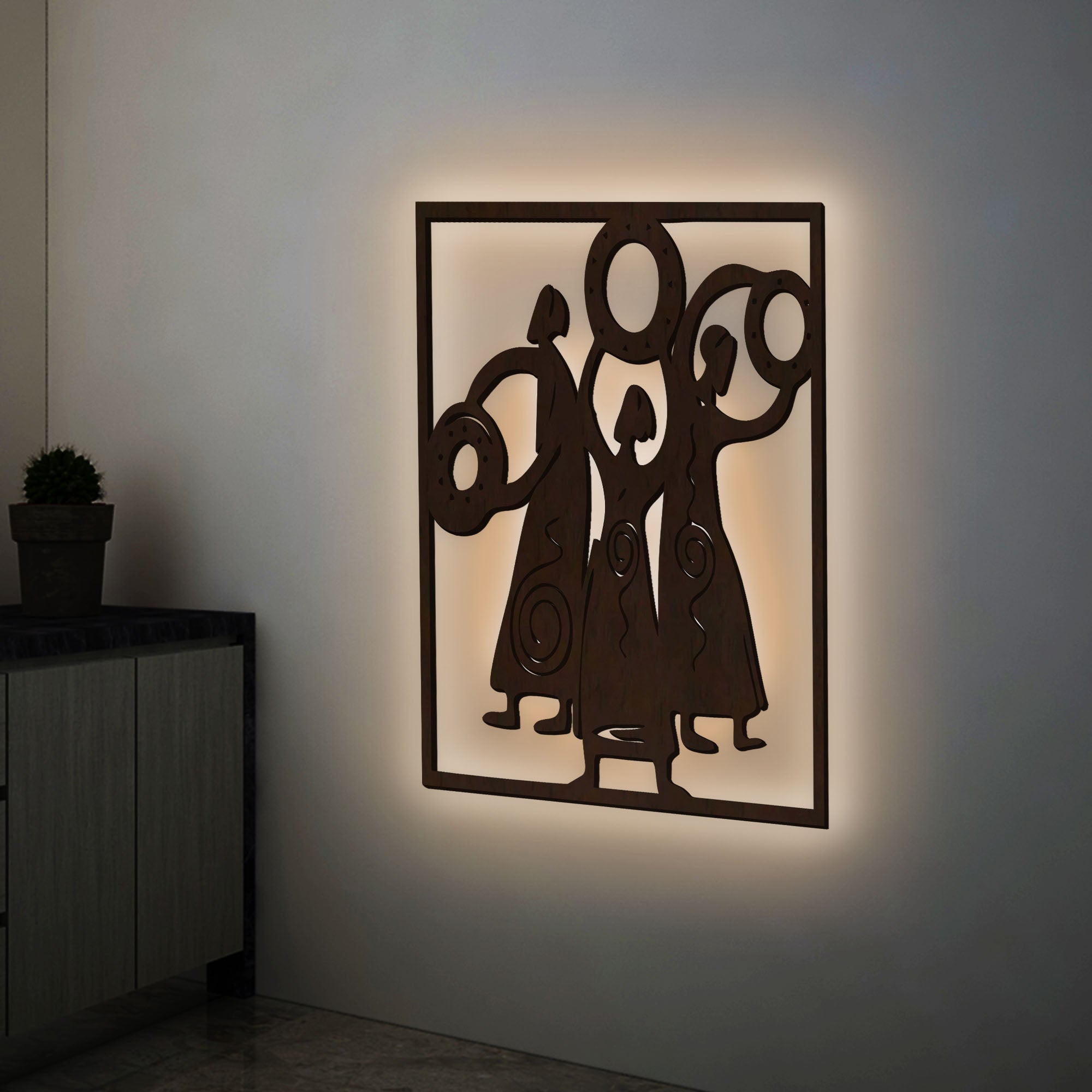 African Women Folk Dance Backlit Wooden Wall Decor with LED Night Light Walnut Finish Secondary image