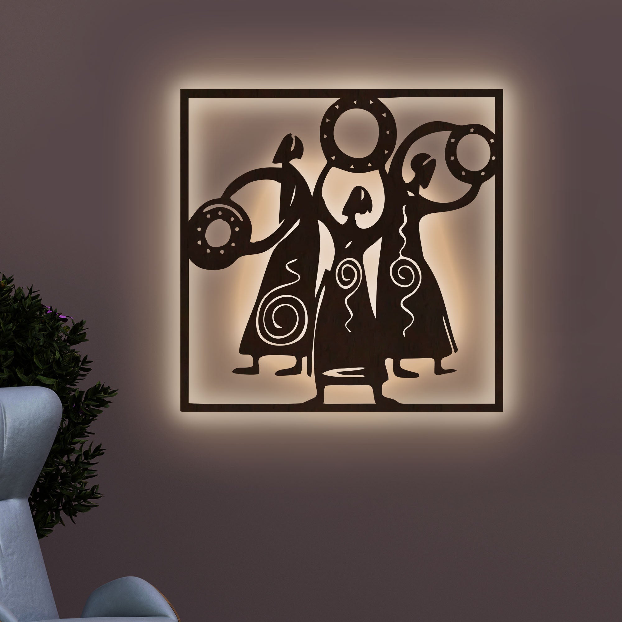 African Women Folk Dance Backlit Wooden Wall Decor with LED Night Light Walnut Finish Main image