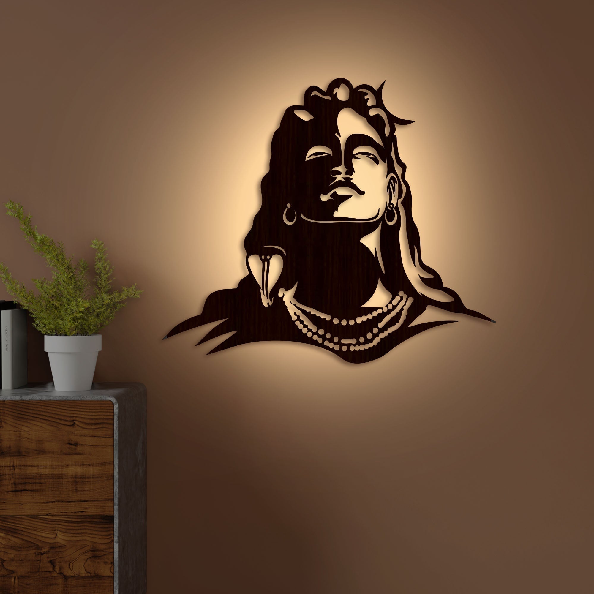 Adiyogi Lord Shiva Premium Backlit Design Wooden Wall Hanging with LED Night Light Walnut Finish Main image
