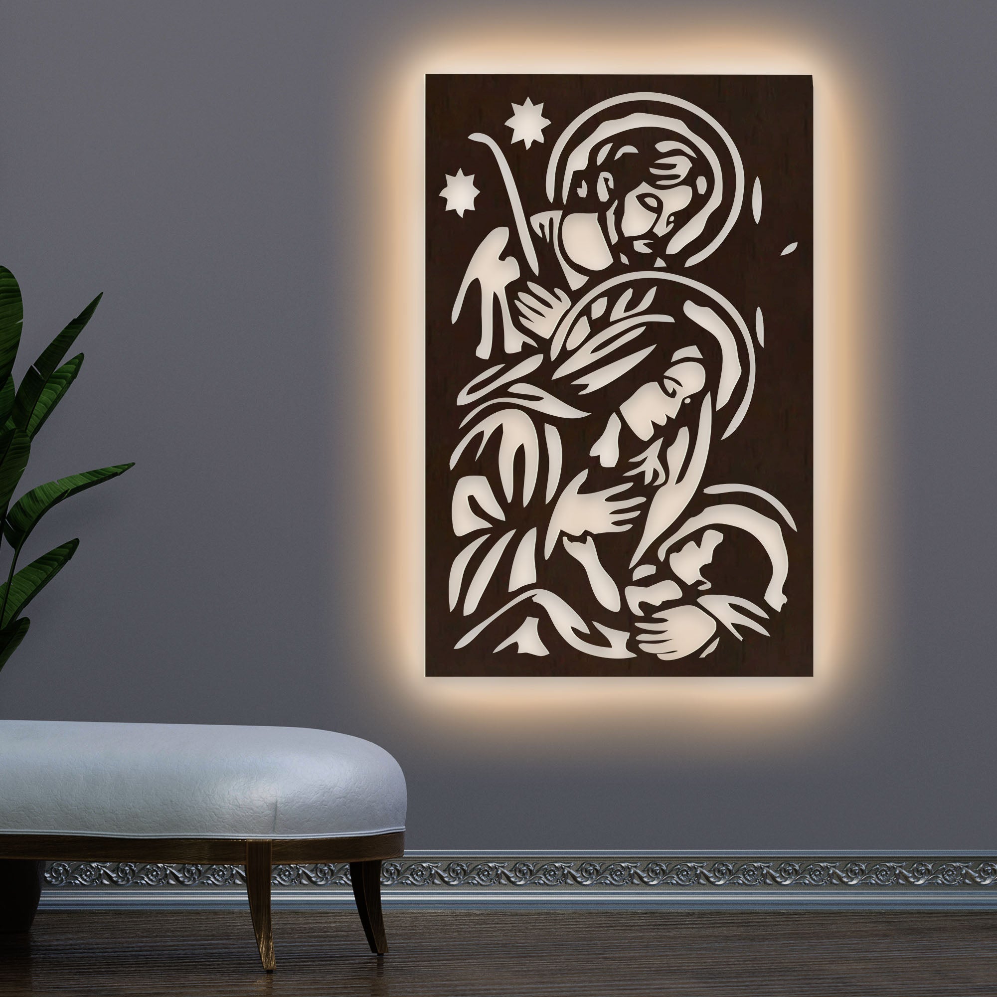 Baby Jesus Virgin Mary Joseph Holy Family Backlit Wooden Wall Hanging with LED Night Light Walnut Finish Main image
