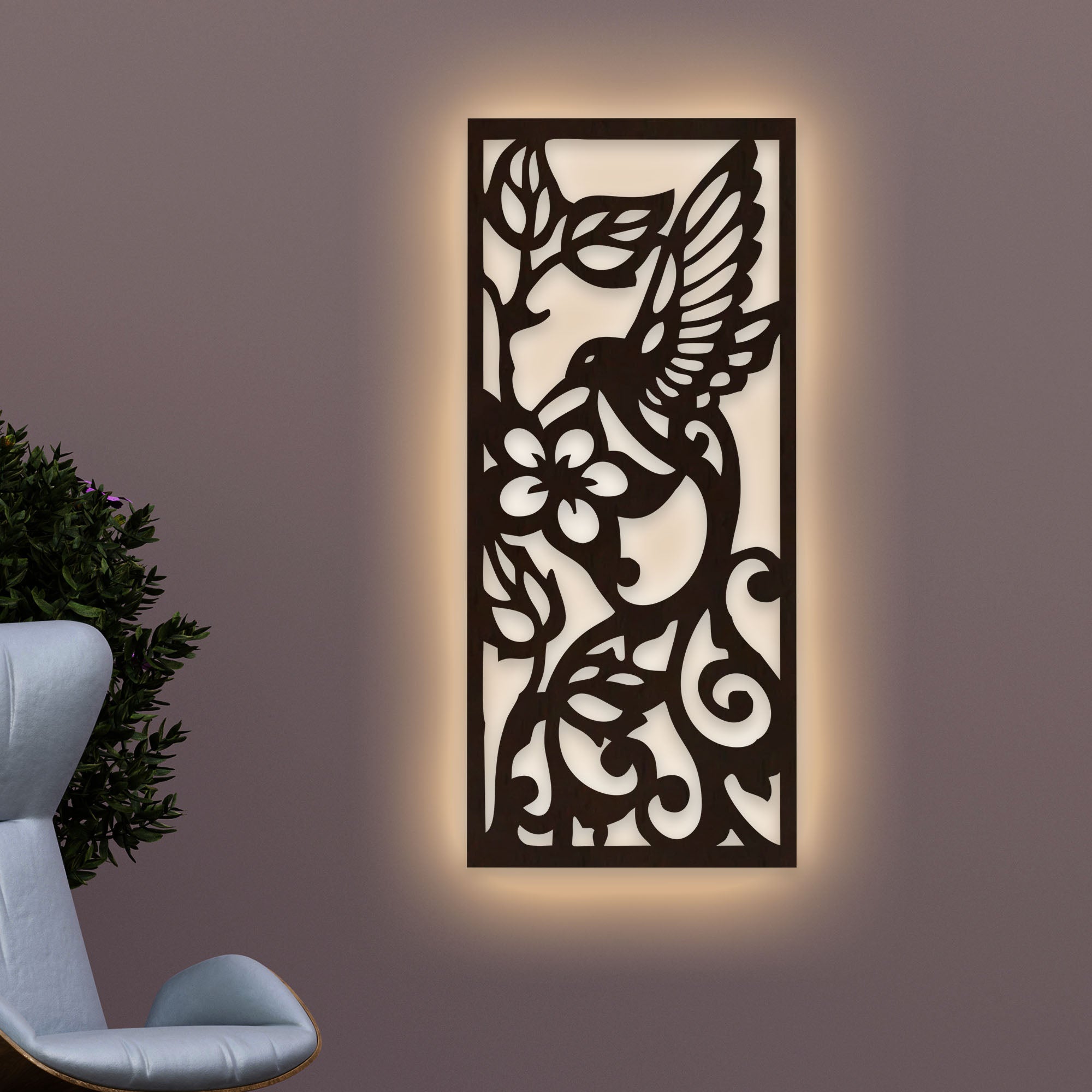 Beautiful Bird with Flower Backlit Wooden Wall Hanging with LED Night Light Walnut Finish Main image