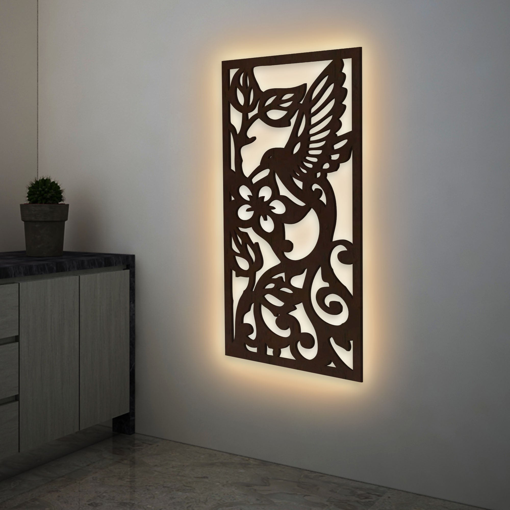 Beautiful Bird with Flower Backlit Wooden Wall Hanging with LED Night Light Walnut Finish Secondary image