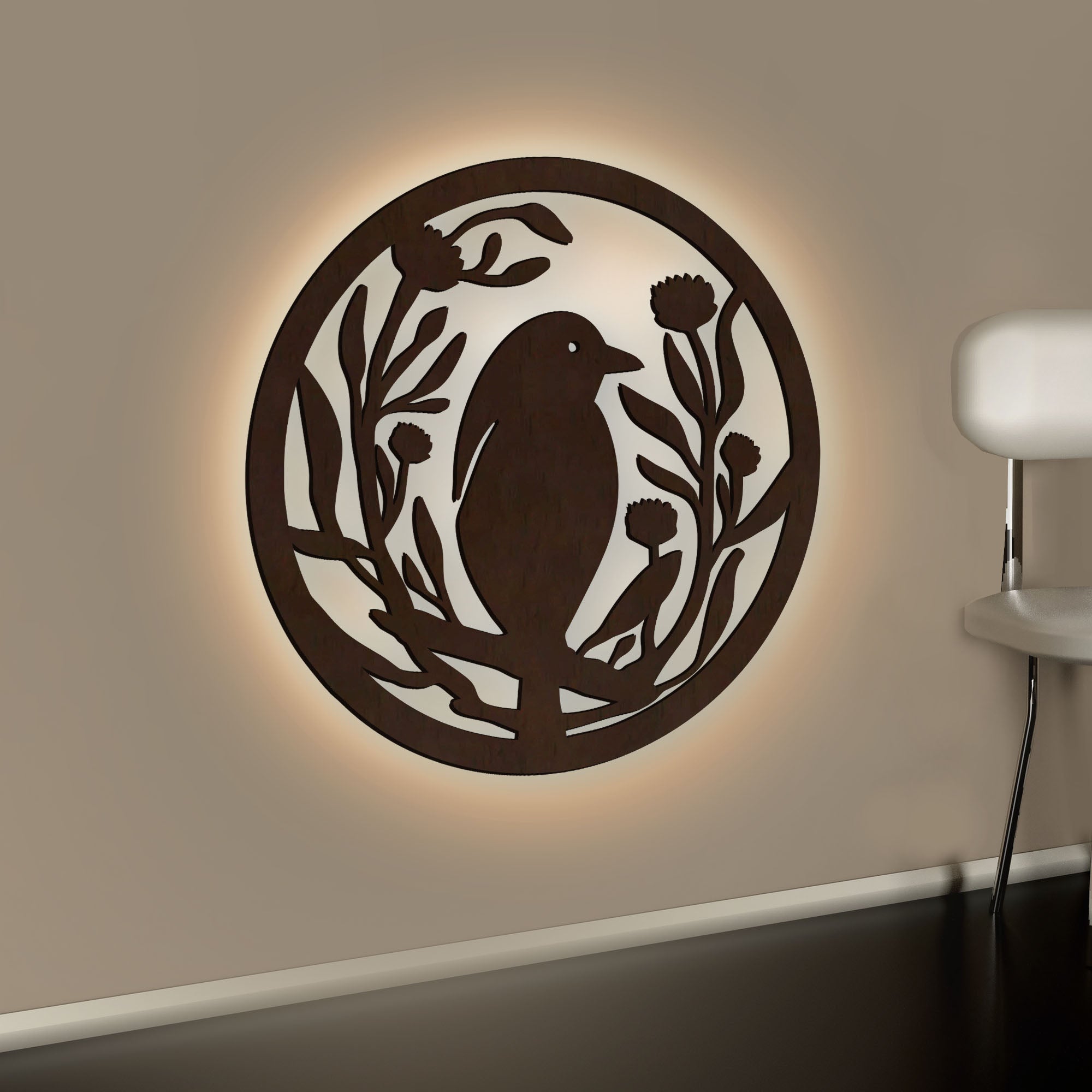 Beautiful Bird with Flower Round Backlit Wooden Wall Hanging with LED Night Light Walnut Finish Secondary image