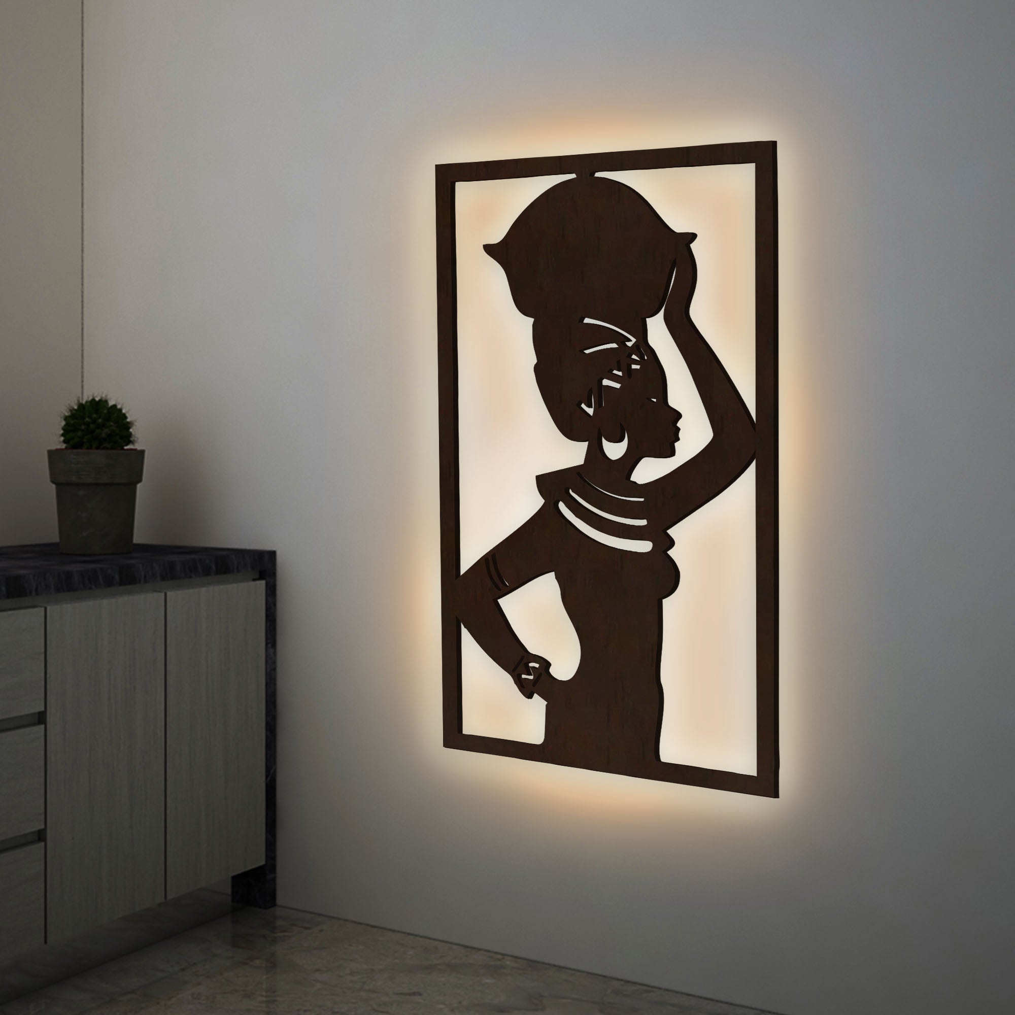 Beautiful African Women Backlit Wooden Wall Hanging with LED Night Light Walnut Finish Secondary image
