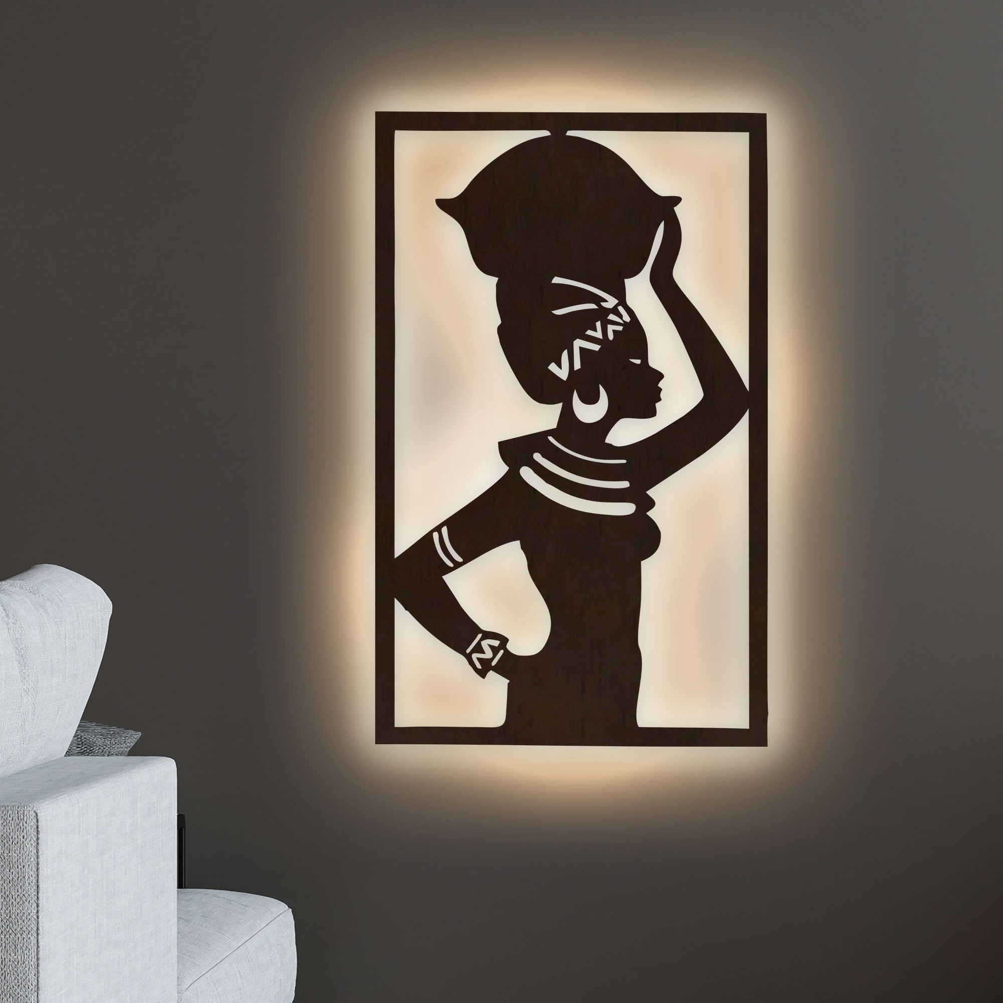Beautiful African Women Backlit Wooden Wall Hanging with LED Night Light Walnut Finish Main image