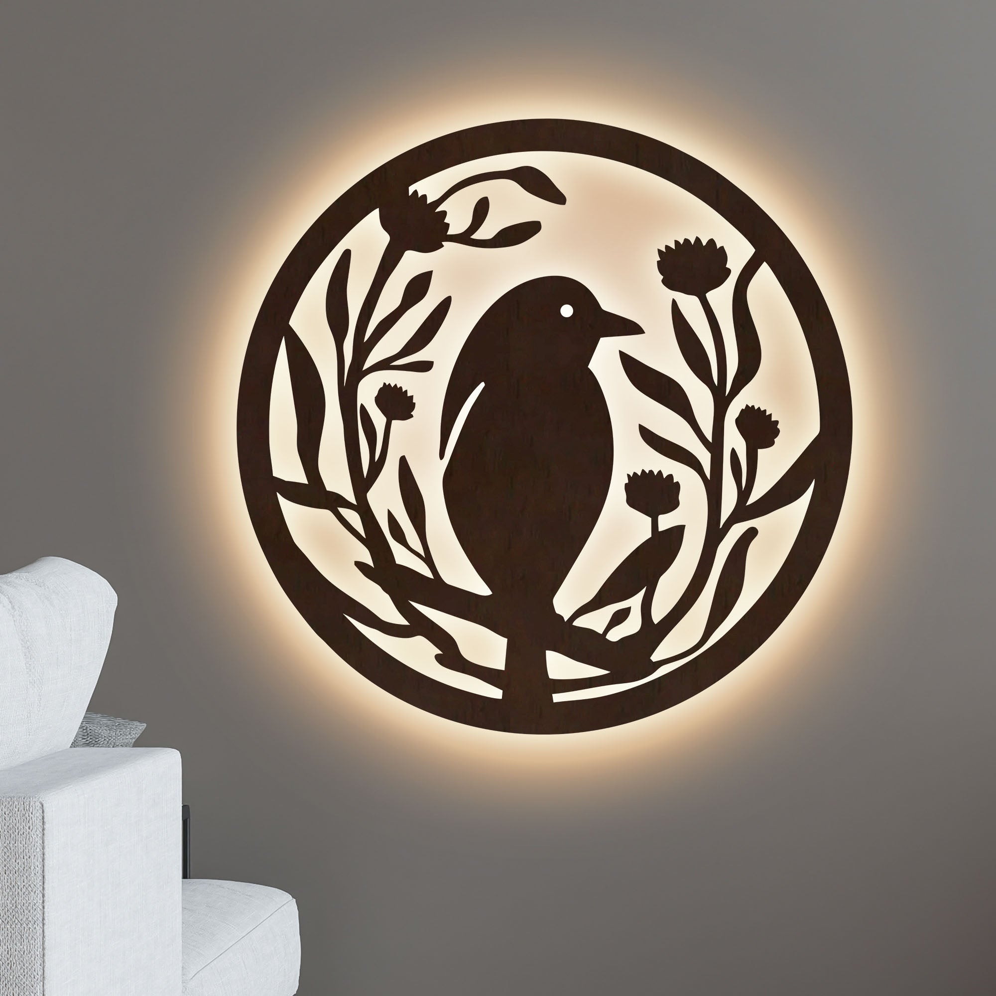 Beautiful Bird with Flower Round Backlit Wooden Wall Hanging with LED Night Light Walnut Finish Main image