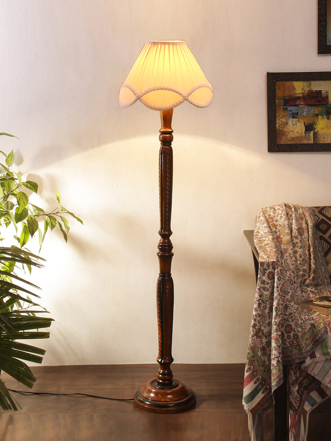 Vintage off-white cotton Wooden Floor Lamp Main image