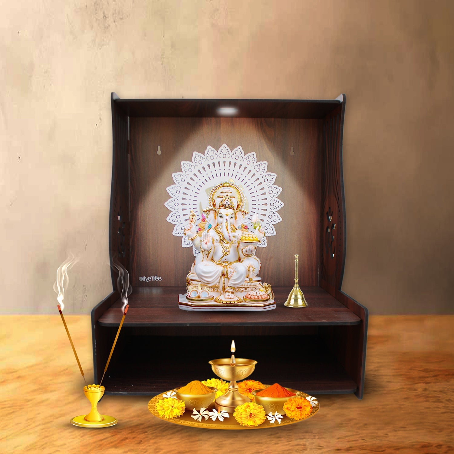 Aesthetic Space-Saving Wooden Temple for Home with Spacious Shelf & Inbuilt Focus Lights Main image